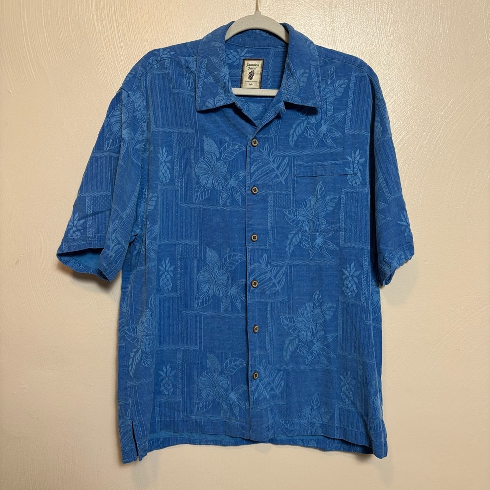 Jamaica Jaxx Authentic Island Style Mens Shirt Silk Short Sleeve Hawaiian Blue L
